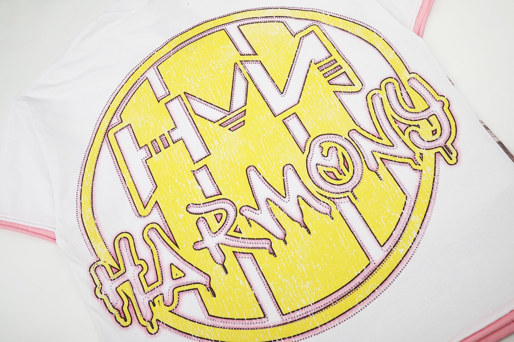 HARMONY Pink-Trim Distressed Graphic T-Shirt — detail