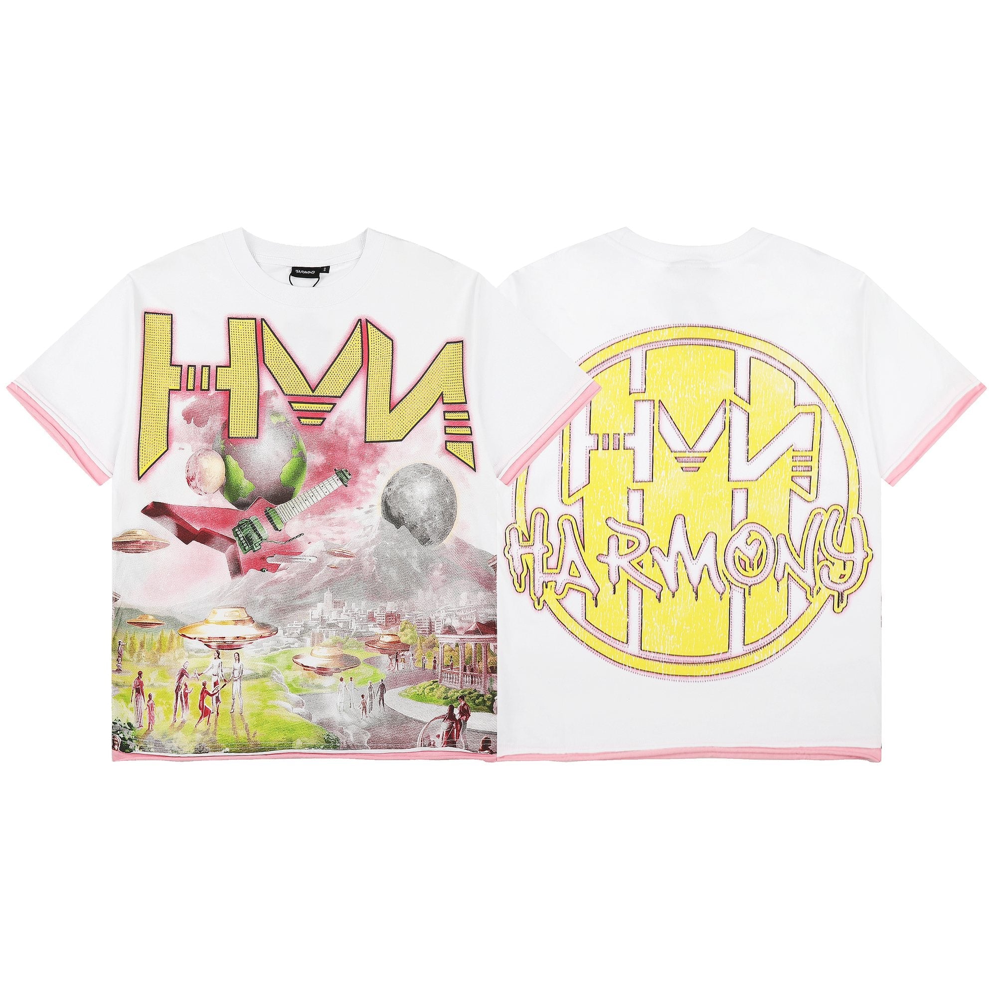 HARMONY Pink-Trim Distressed Graphic T-Shirt — hero