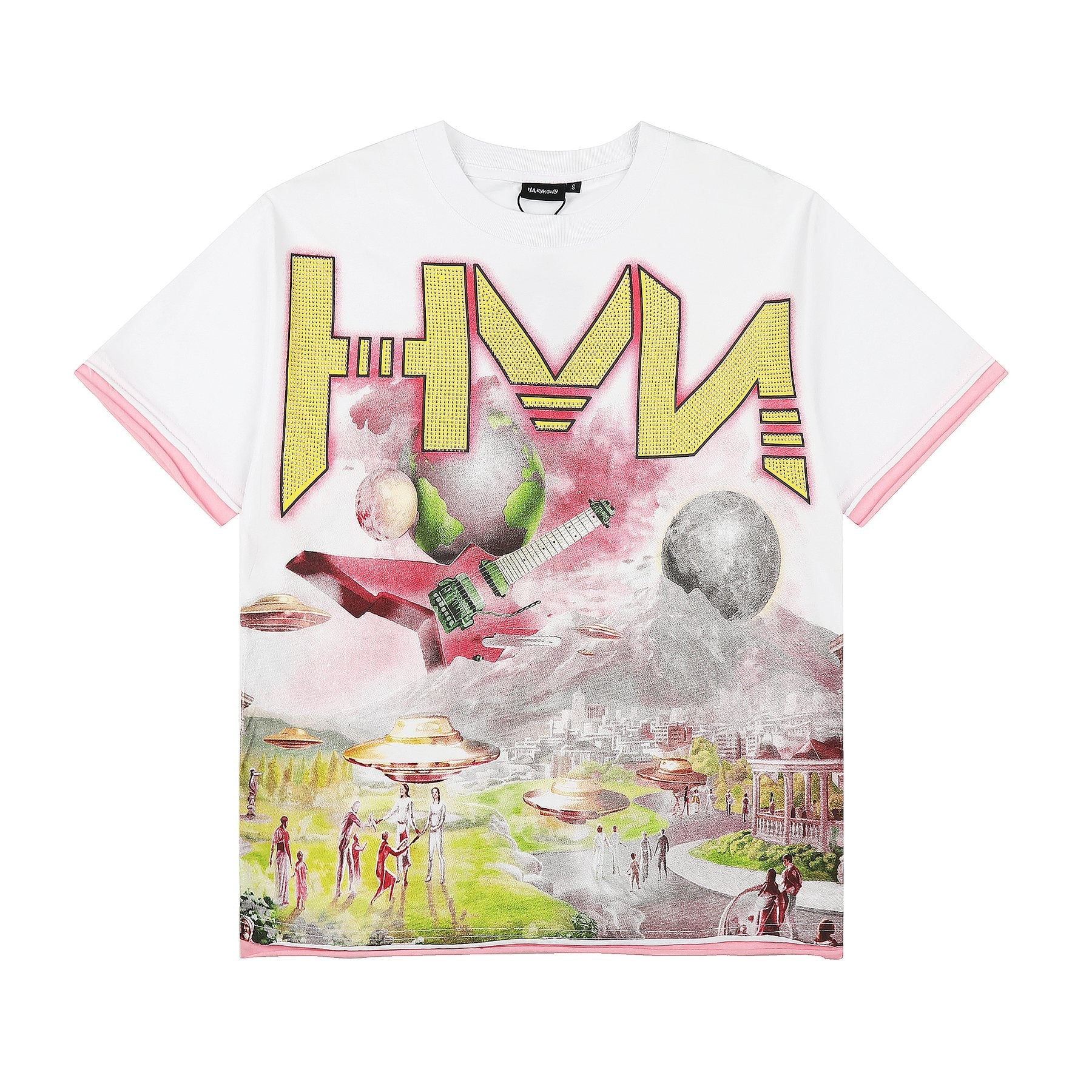 HARMONY Pink-Trim Distressed Graphic T-Shirt — front