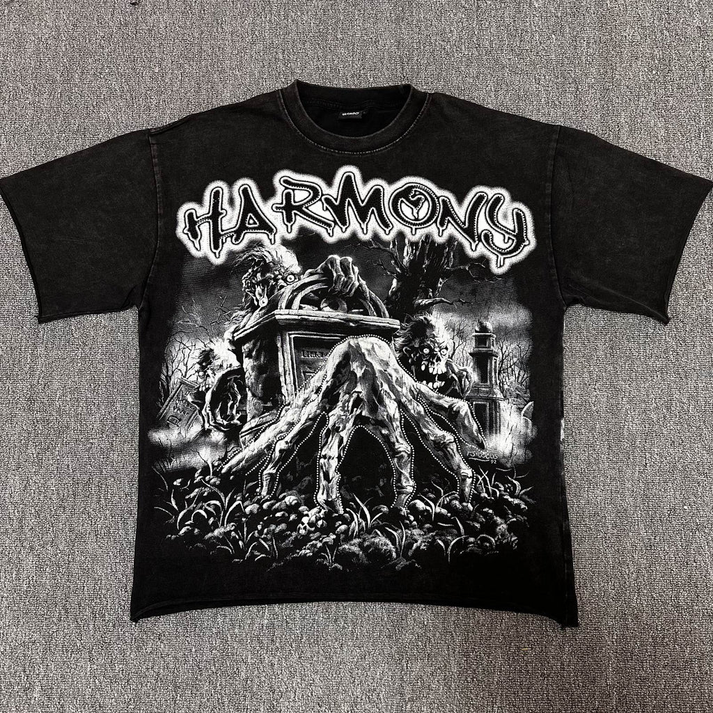HARMONY Washed Black Rhinestone Graphic T-Shirt — front