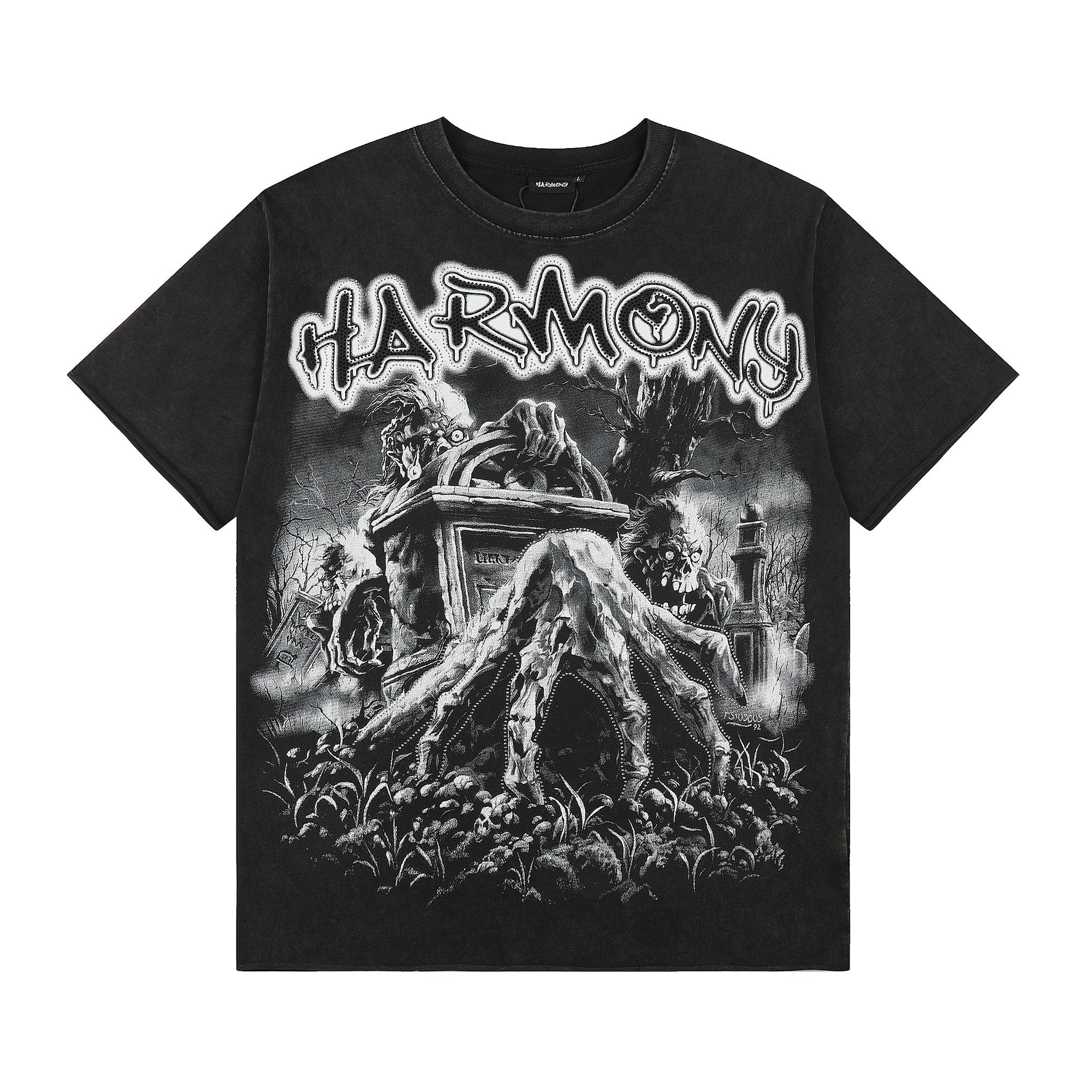 HARMONY Washed Black Rhinestone Graphic T-Shirt — hero