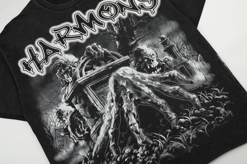 HARMONY Washed Black Rhinestone Graphic T-Shirt — detail