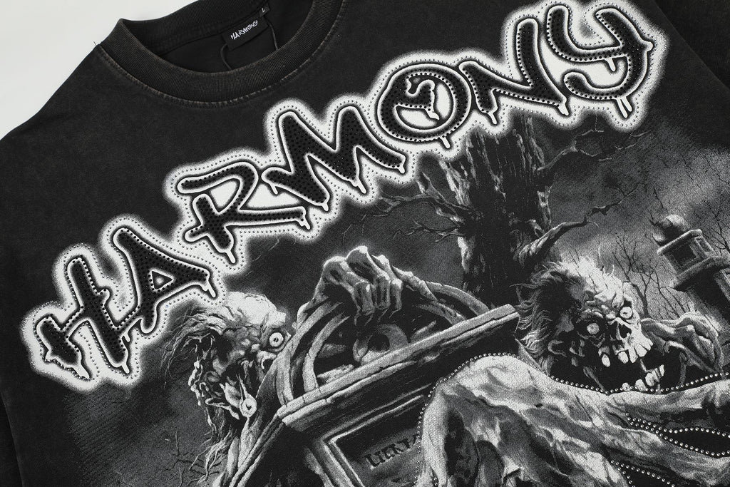 HARMONY Washed Black Rhinestone Graphic T-Shirt — detail