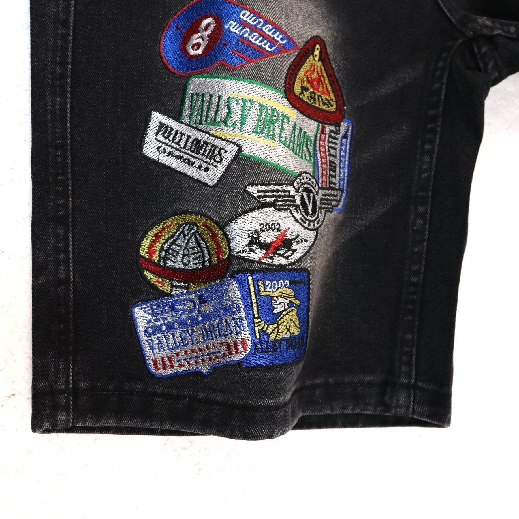 VALE SPORTS DIVISION Patch Embroidered Studded Denim Shorts — detail