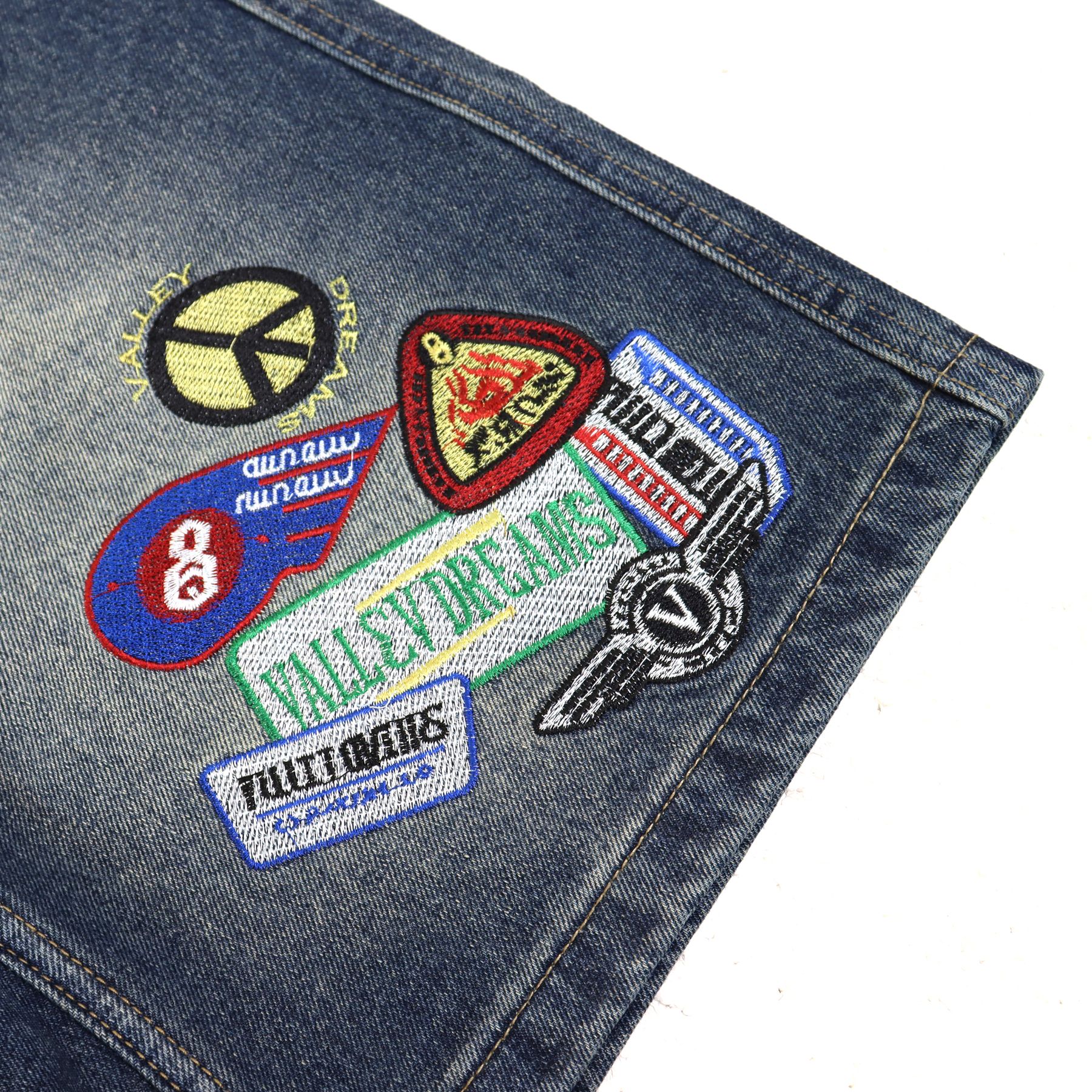 VALE SPORTS DIVISION Patch Embroidered Studded Denim Shorts — detail