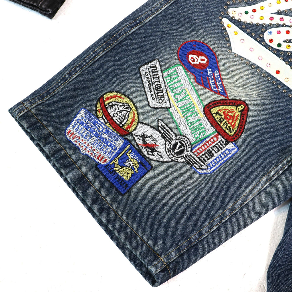 VALE SPORTS DIVISION Patch Embroidered Studded Denim Shorts — detail