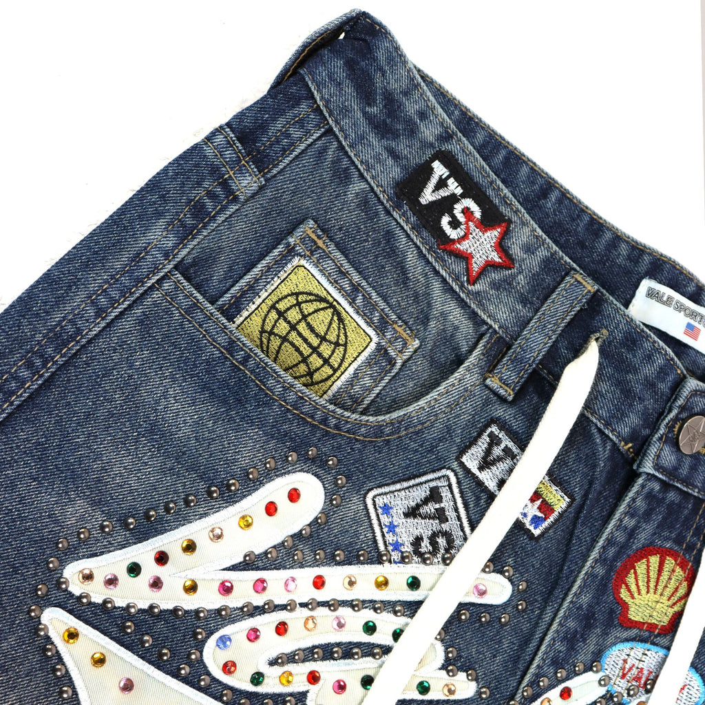 VALE SPORTS DIVISION Patch Embroidered Studded Denim Shorts — detail