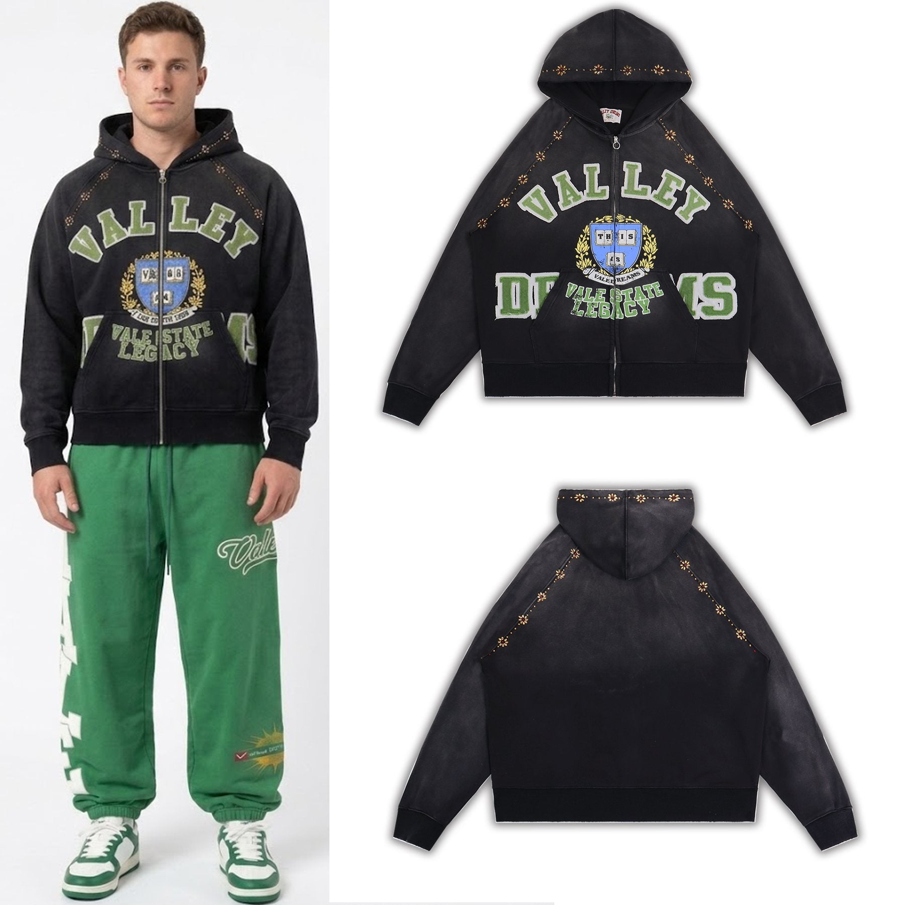 Valley Dreams Varsity Crest Washed Black Zip Hoodie — context
