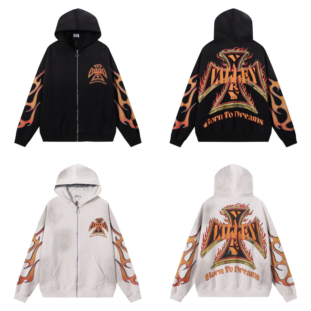 VALE USA Reborn Cross Flame Zip Hoodie — comparison