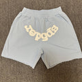 Sp5der Light Blue Rhinestone Logo Sweat Shorts — hero