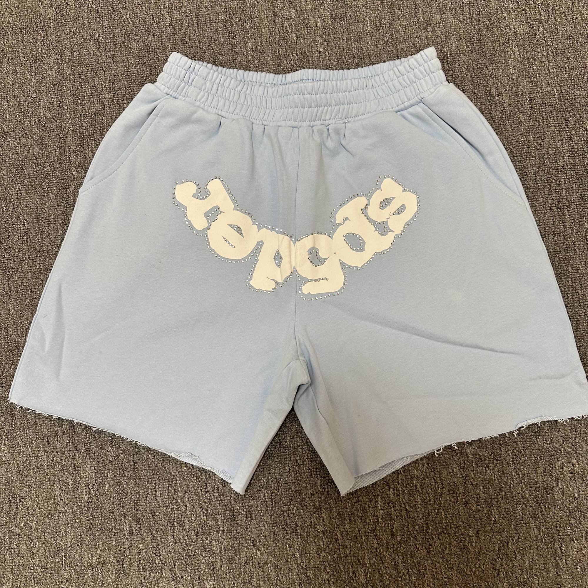 Sp5der Light Blue Rhinestone Logo Sweat Shorts — hero