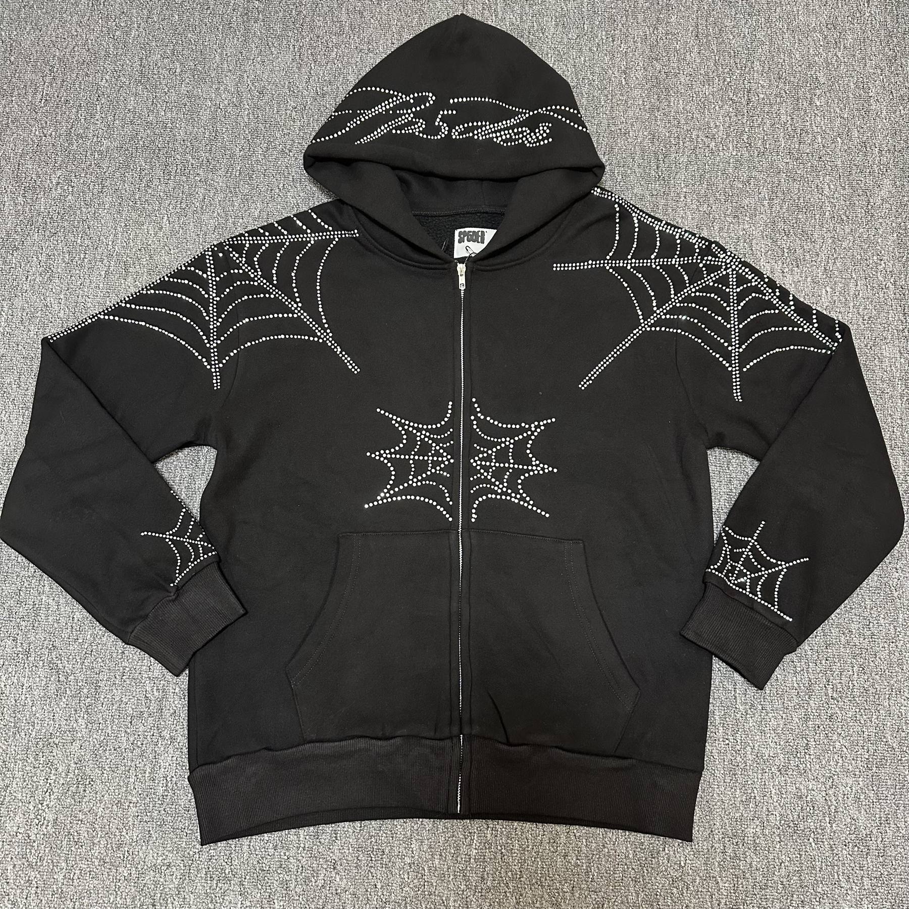 Sp5der Rhinestone Spiderweb Zip Hoodie & Pants Matching Set — front