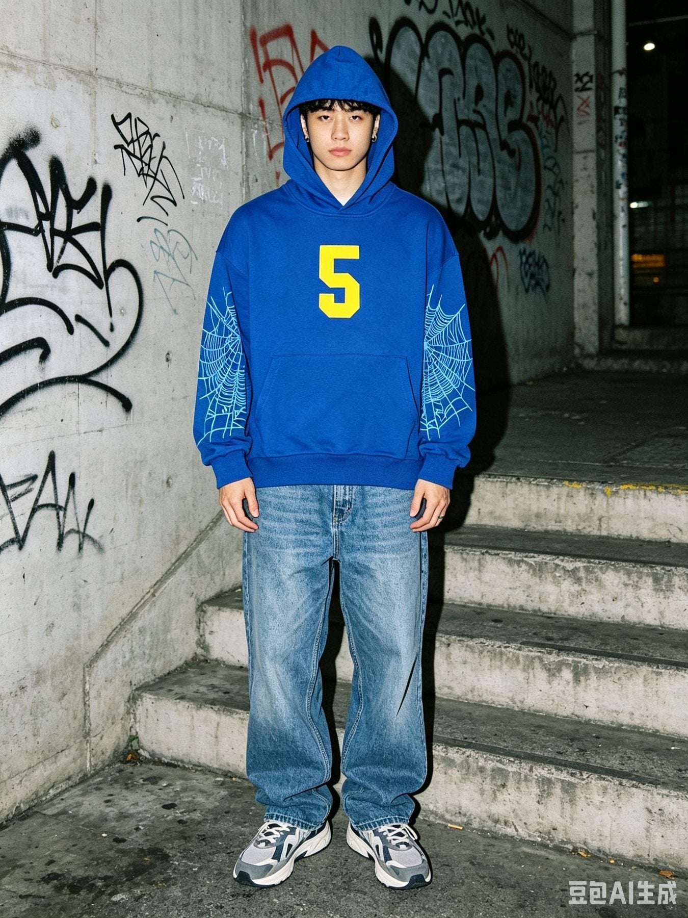 Sp5der Blue Number Graphic Hoodie — model