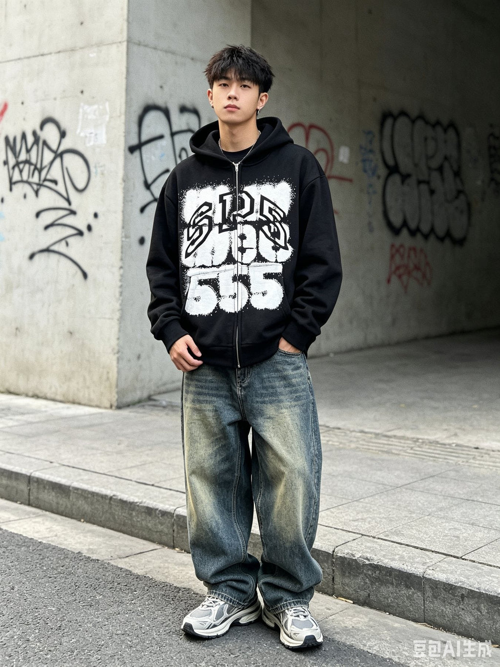 Sp5der Distressed Front Graphic Zip-Up Hoodie — context