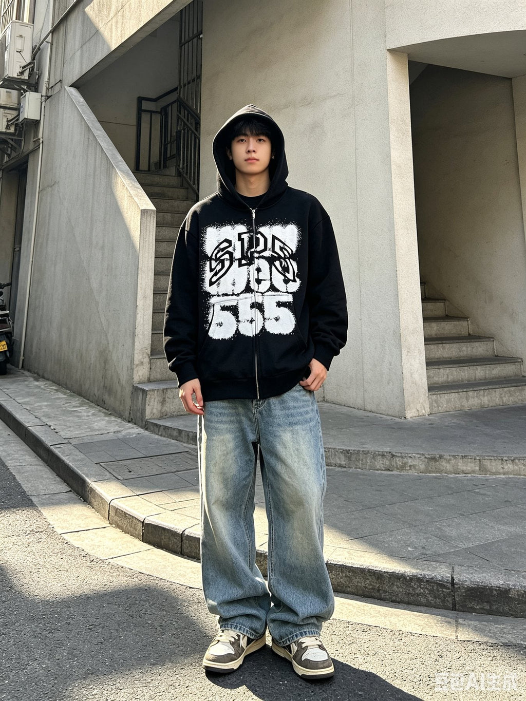 Sp5der Distressed Front Graphic Zip-Up Hoodie — context