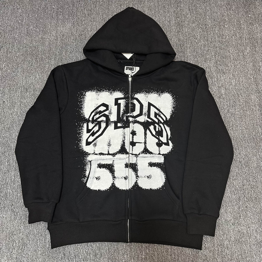 Sp5der Distressed Front Graphic Zip-Up Hoodie — front