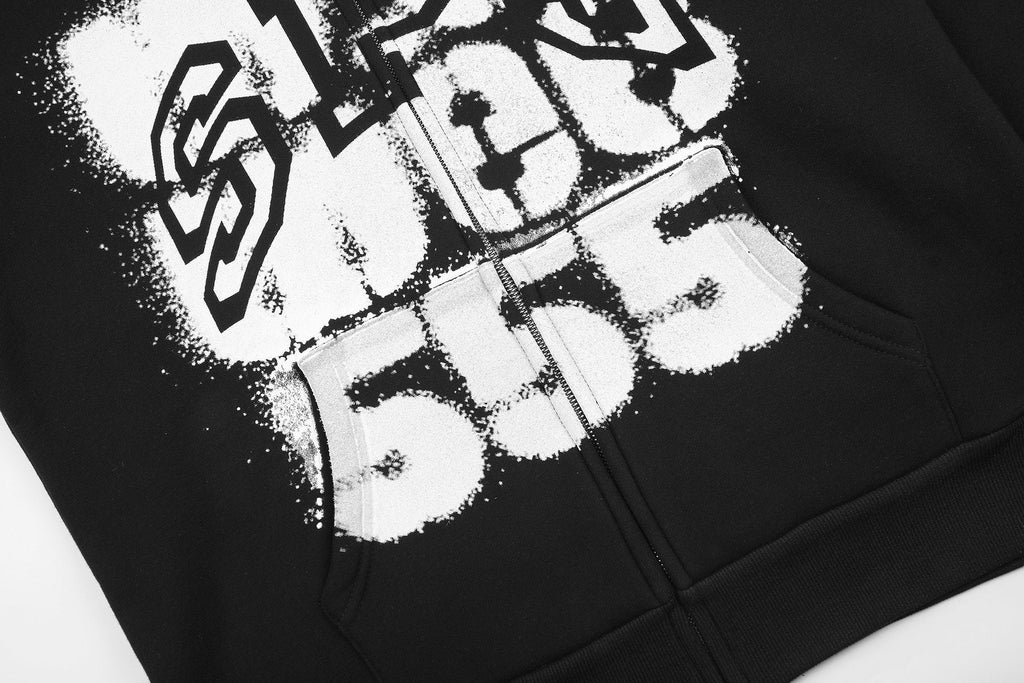 Sp5der Distressed Front Graphic Zip-Up Hoodie — detail