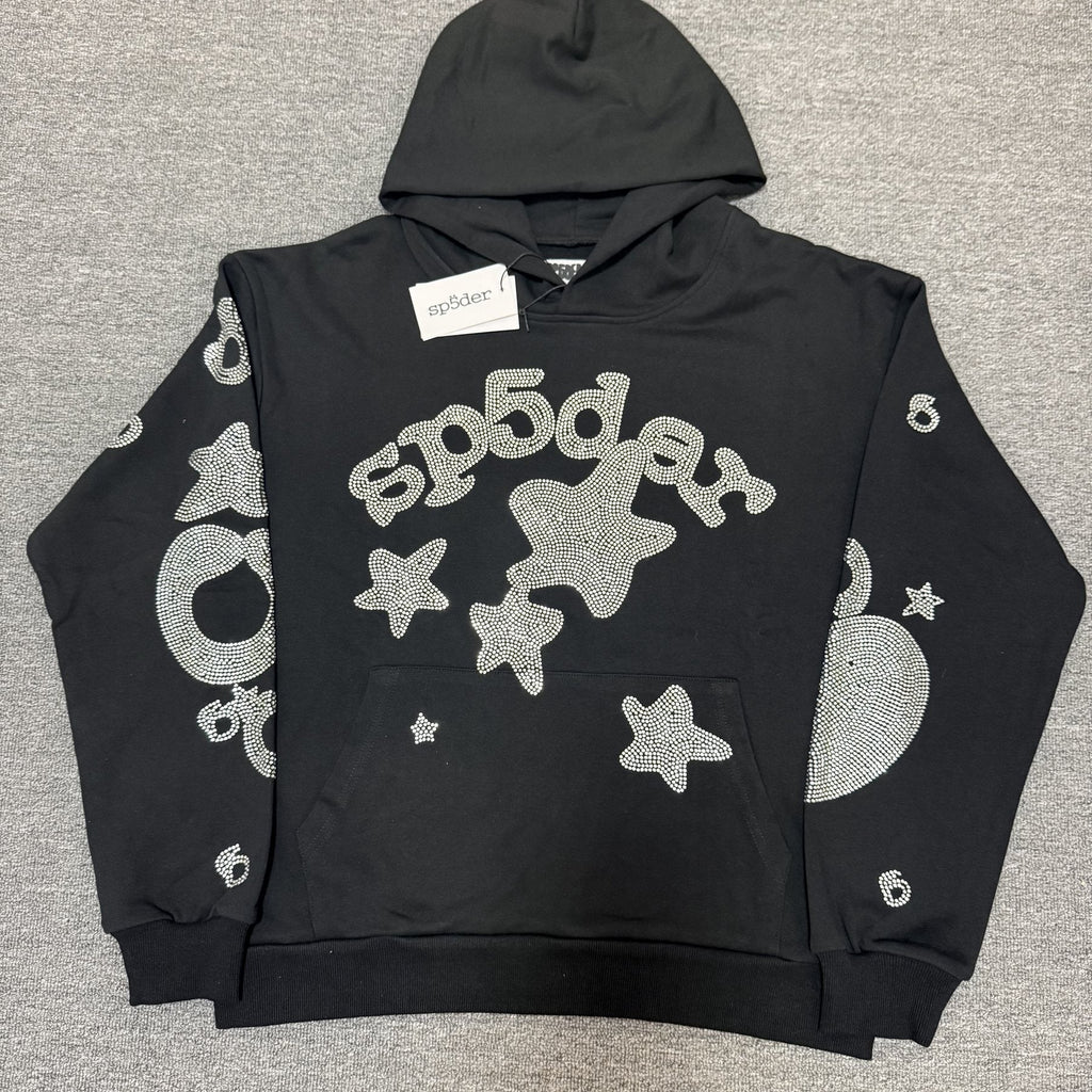 Sp5der Silver Rhinestone-Style Graphic Hoodie — front
