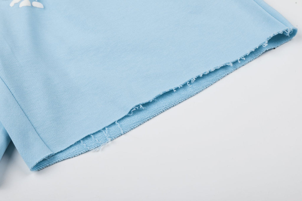 Sp5der Raised Graphic Raw Hem Shorts — detail
