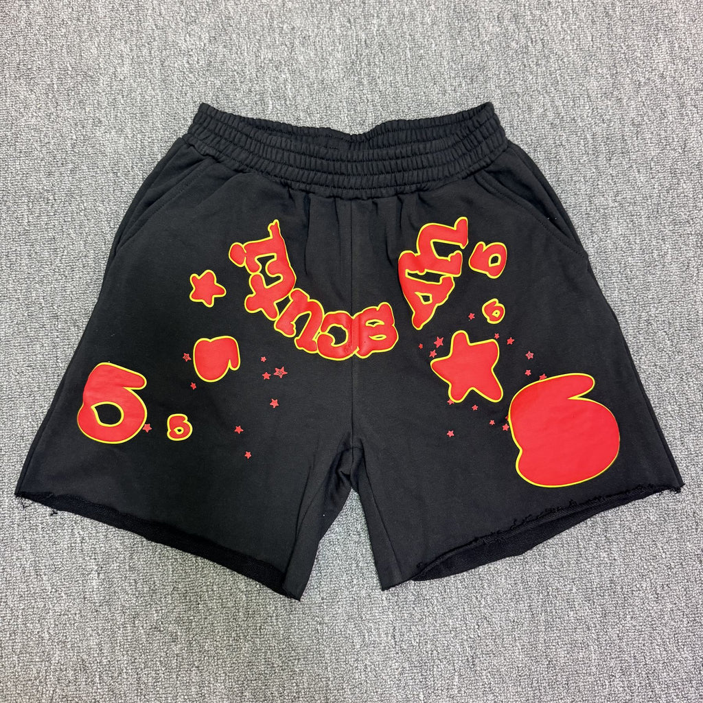 Sp5der Black Graphic Raw-Hem Shorts — front