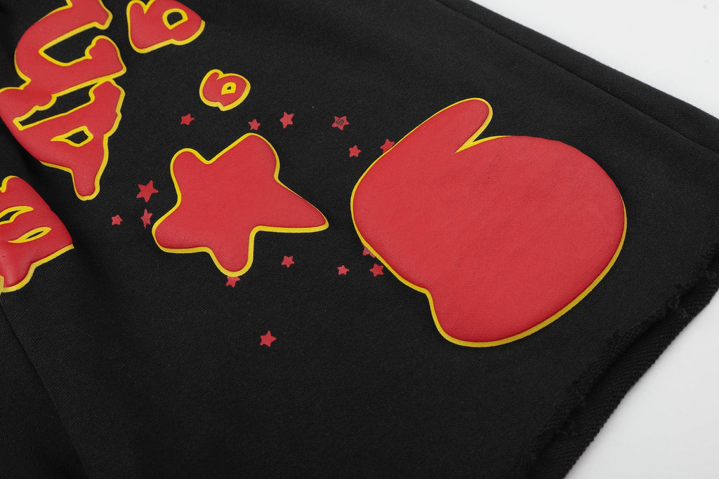 Sp5der Black Graphic Raw-Hem Shorts — detail