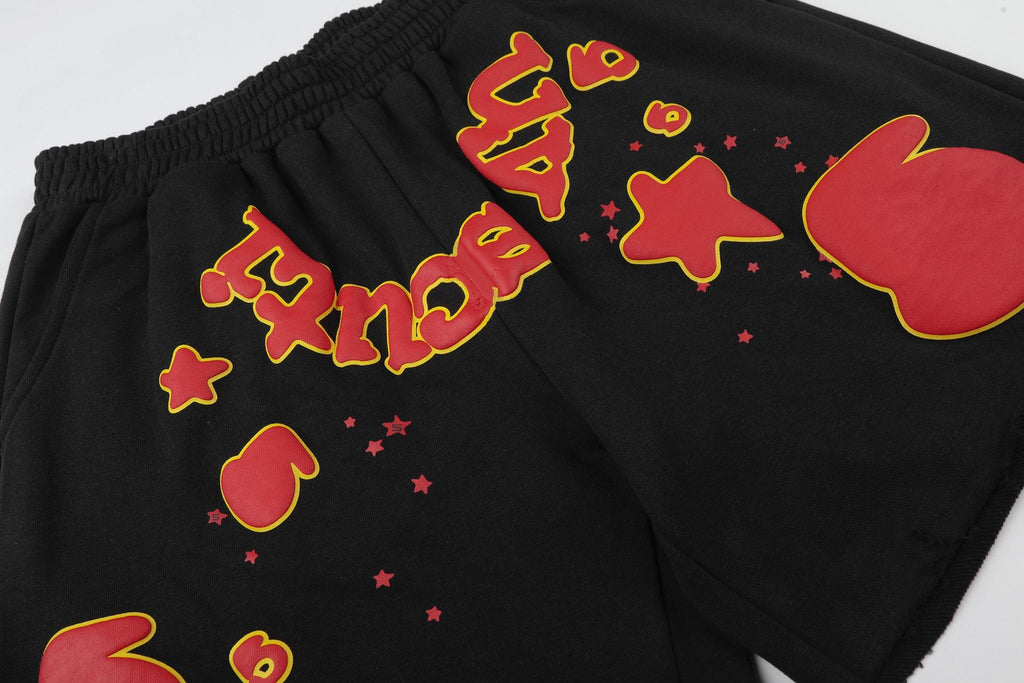 Sp5der Black Graphic Raw-Hem Shorts — detail