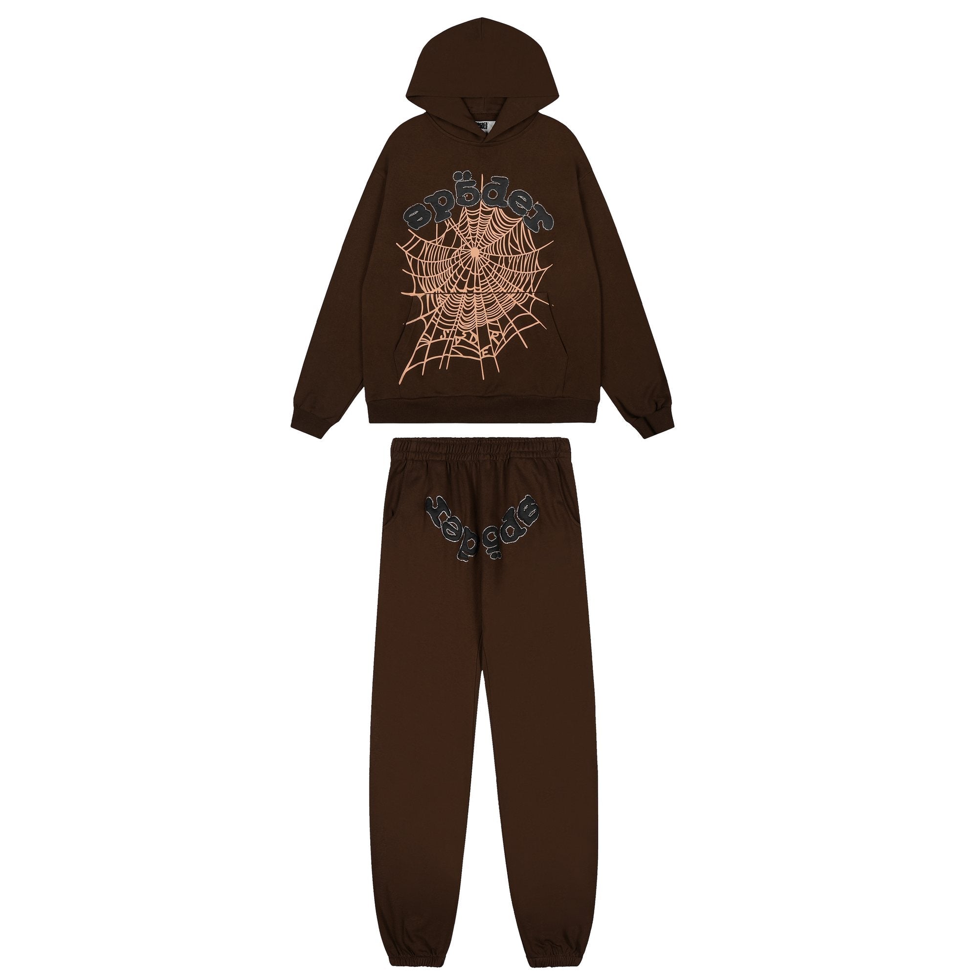 Sp5der Brown Spiderweb Hoodie & Sweatpants Matching Set — hero