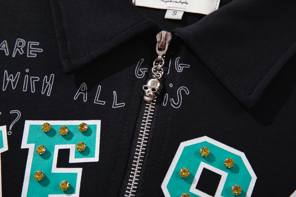 MAJESTIK Embellished Distressed Zip Polo Shirt — detail