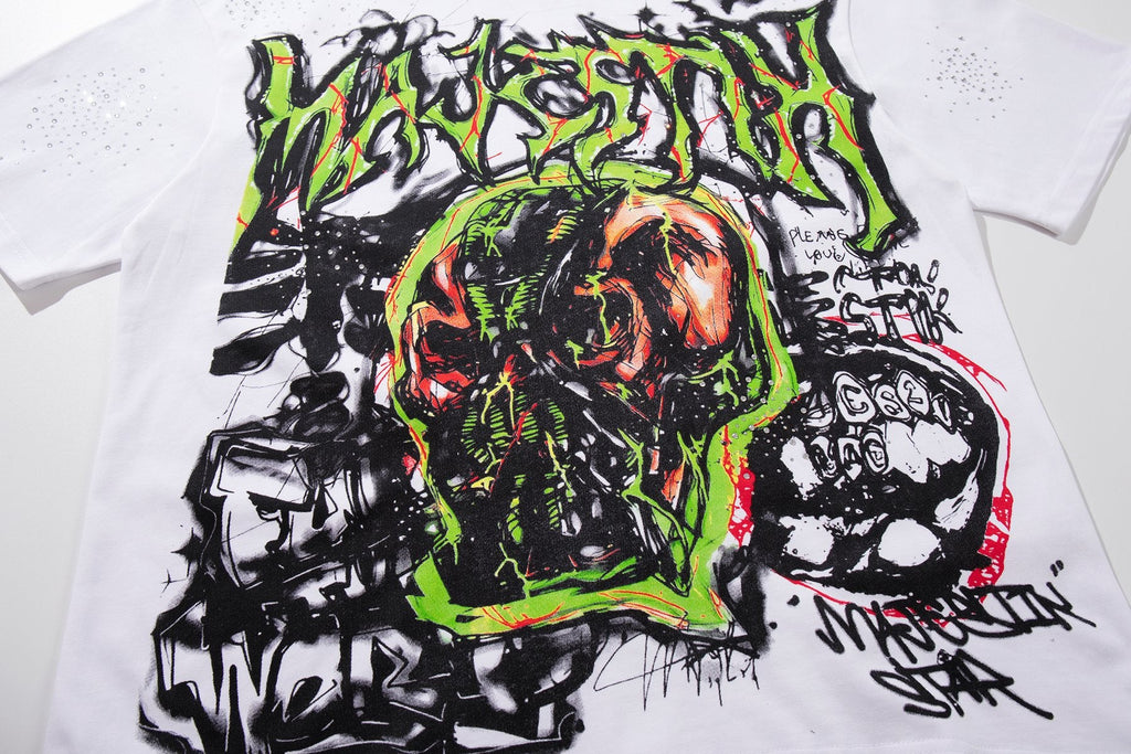 MAJESTIK Distressed Rhinestone Graphic Short-Sleeve T-Shirt — detail