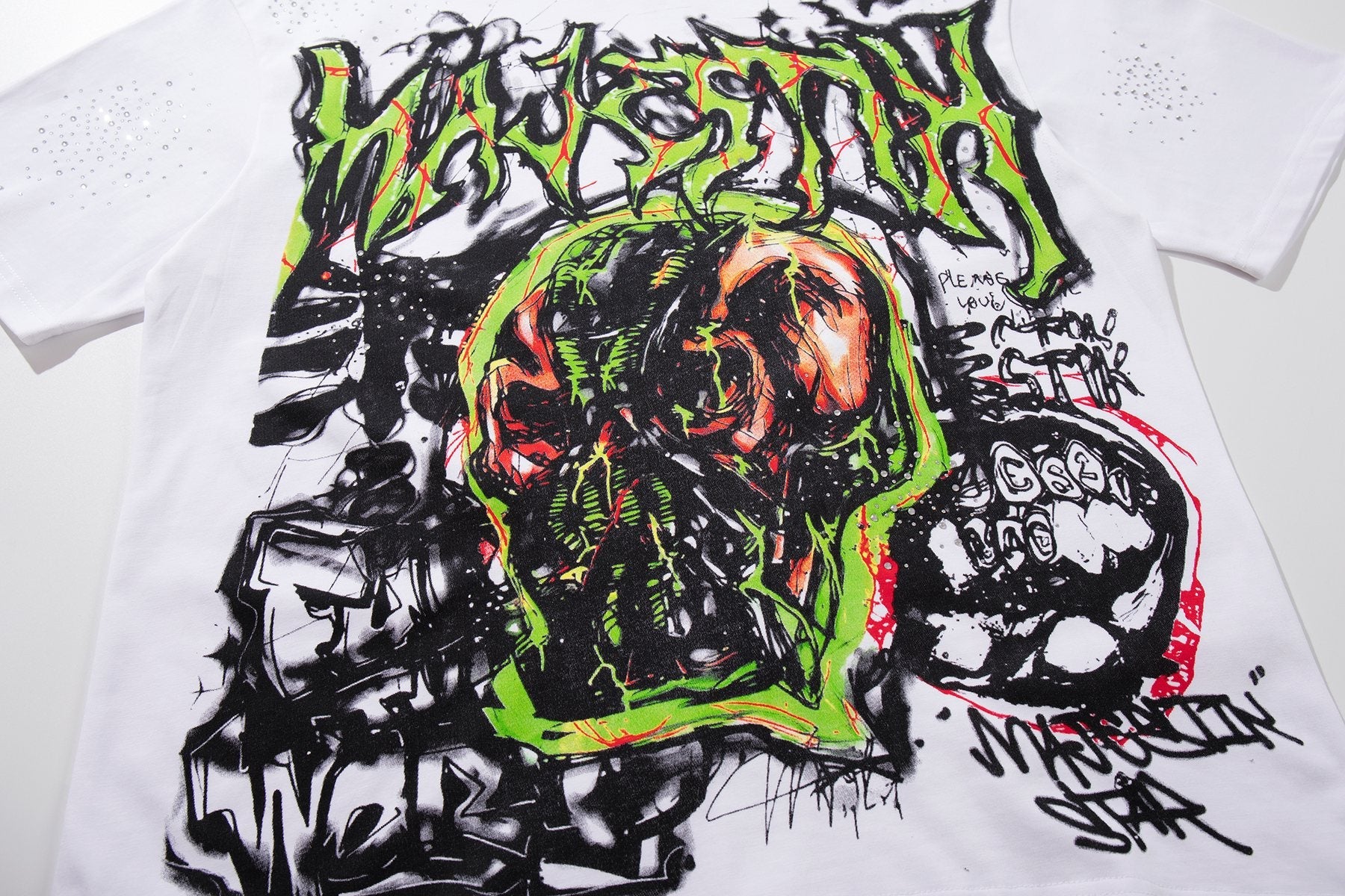 MAJESTIK Distressed Rhinestone Graphic Short-Sleeve T-Shirt — detail