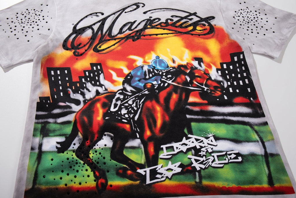 MAJESTIK Horse Racing Graffiti Graphic T-Shirt — detail