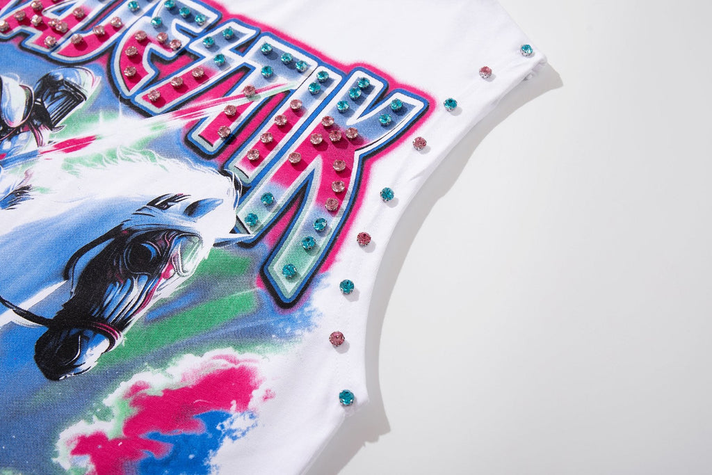 MAJESTIK Horse Rider Rhinestone Sleeveless T-Shirt — detail