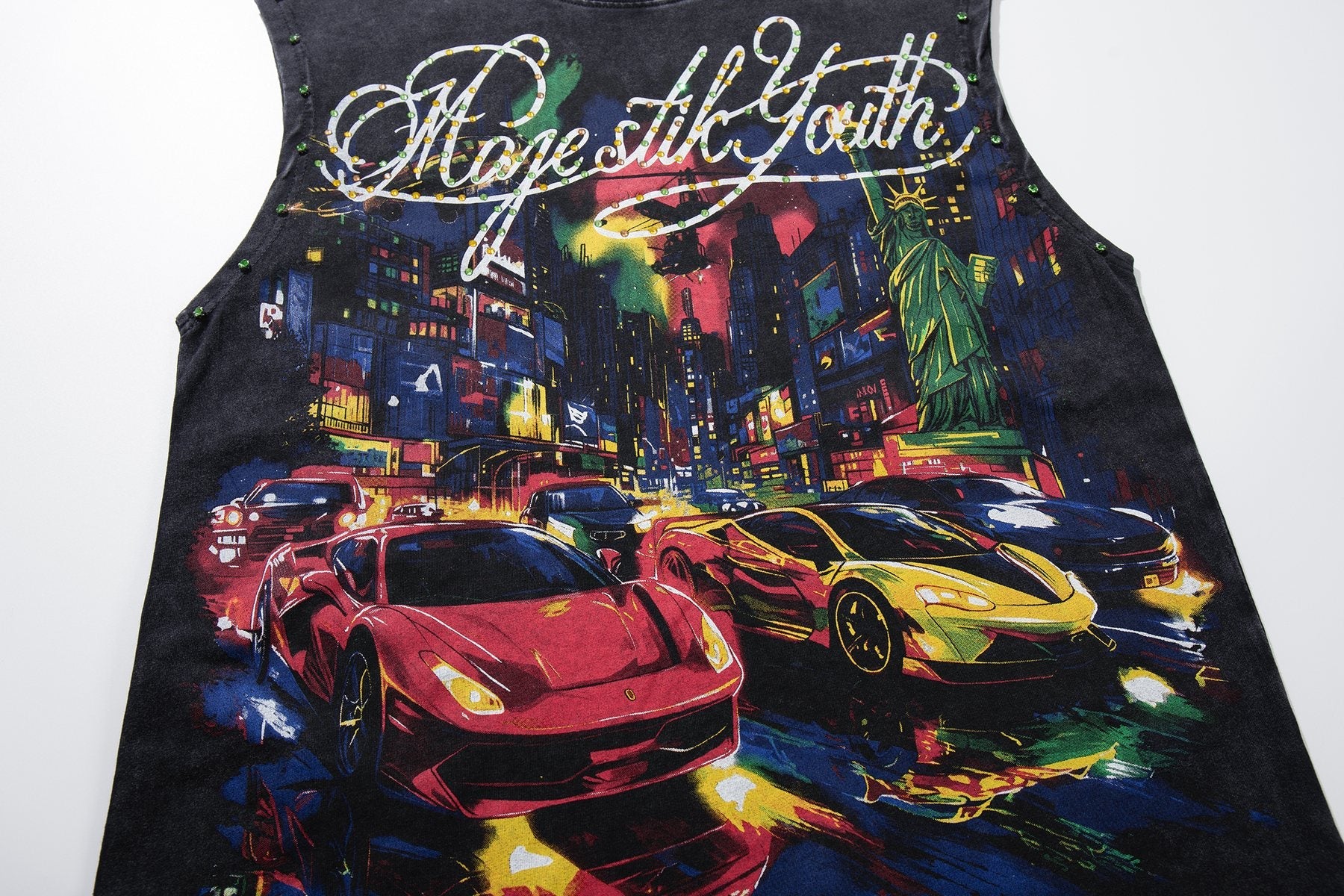 MAJESTIK Rhinestone Graphic Sleeveless T-Shirt — detail