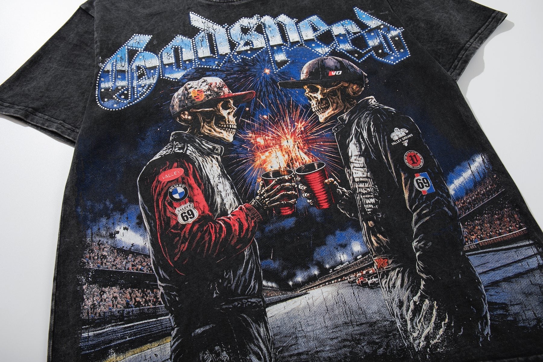 MAJESTIK Racing Graphic Acid-Wash T-Shirt — detail