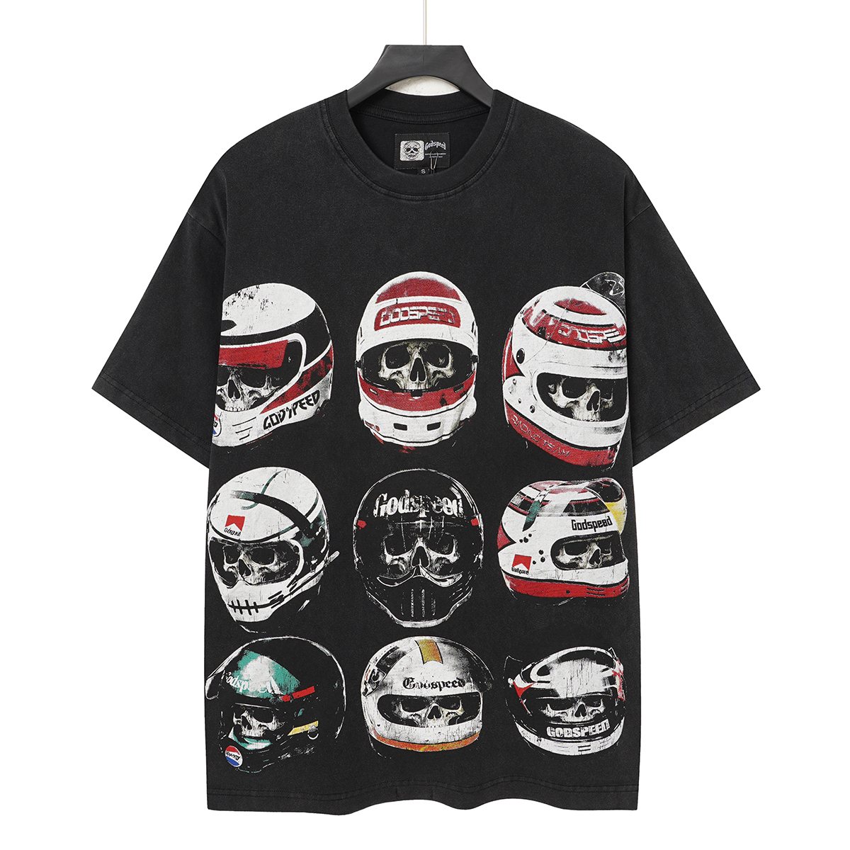 Godspeed Out of Many One Racing Helmet Graphic T-Shirt — hero