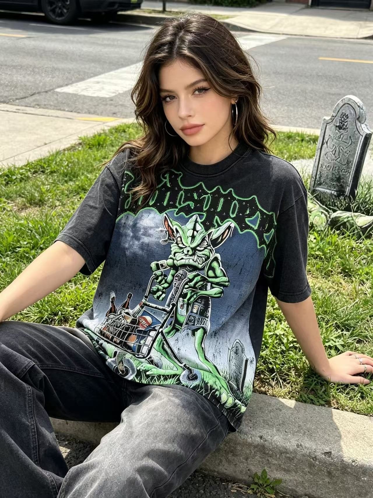 Godspeed Green Cart Character Graphic T-Shirt — model