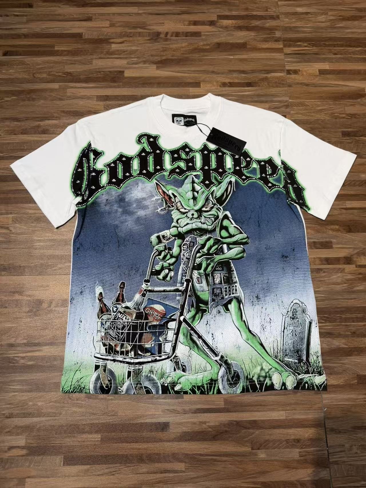 Godspeed Green Cart Character Graphic T-Shirt — front