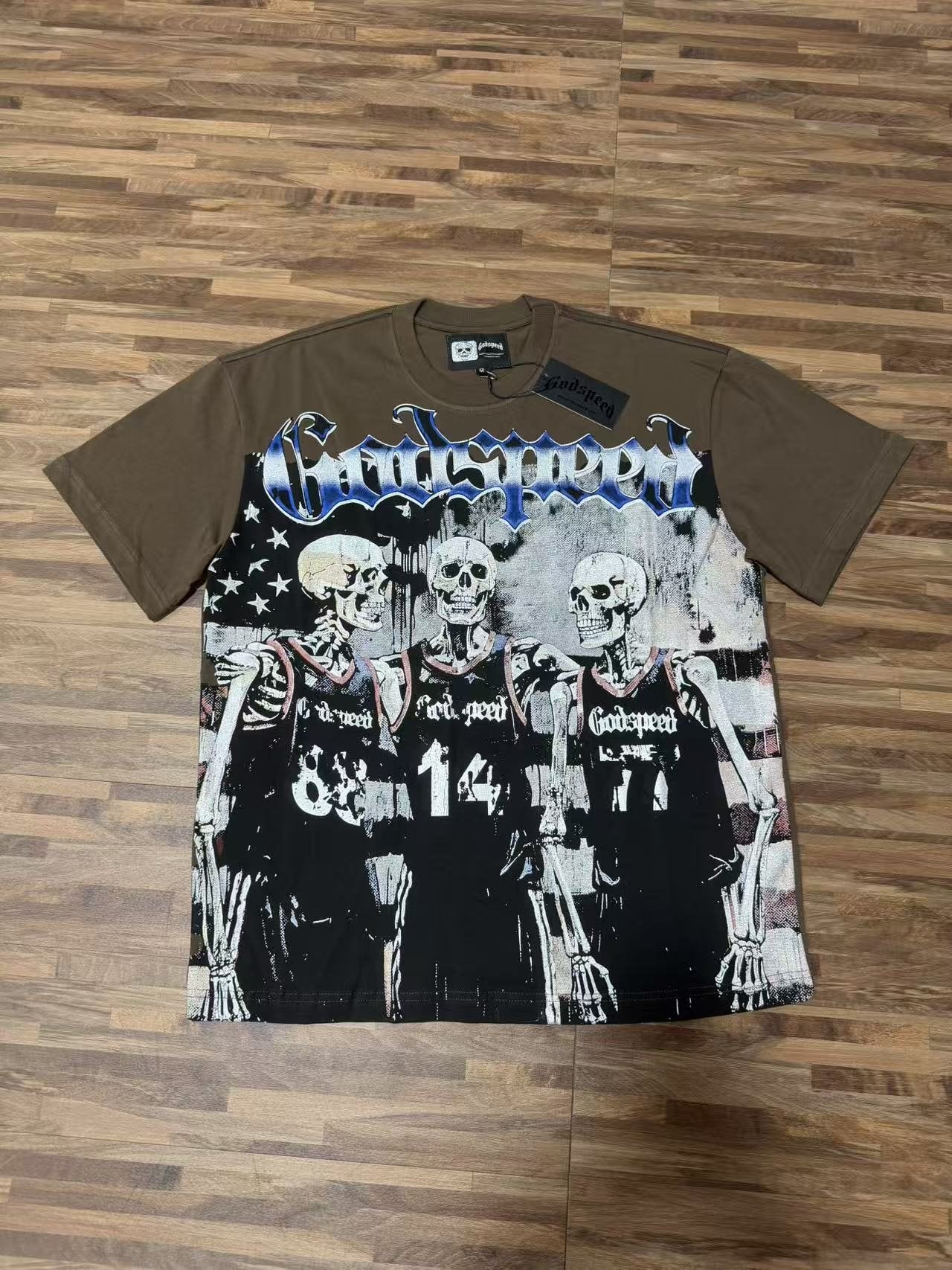 Godspeed Skeleton Basketball Number 14 T-Shirt — front
