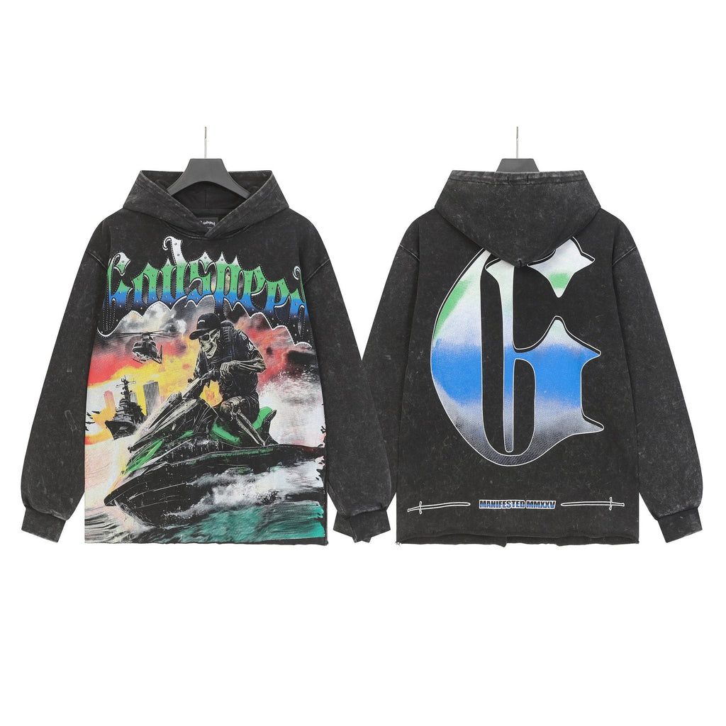 Godspeed Jet Ski Graphic Acid-Wash Hoodie — front