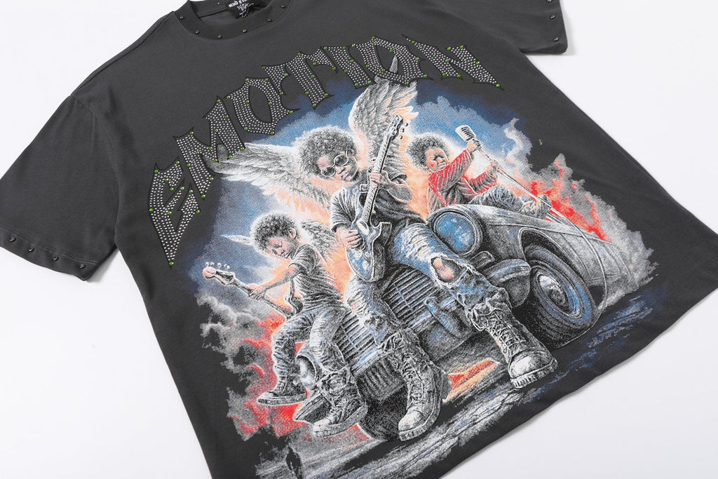 MIXED EMOTION Studded Angel Graphic T-Shirt — front