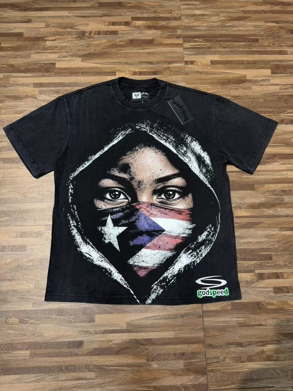 Godspeed Hooded Flag Portrait Graphic T-Shirt — front