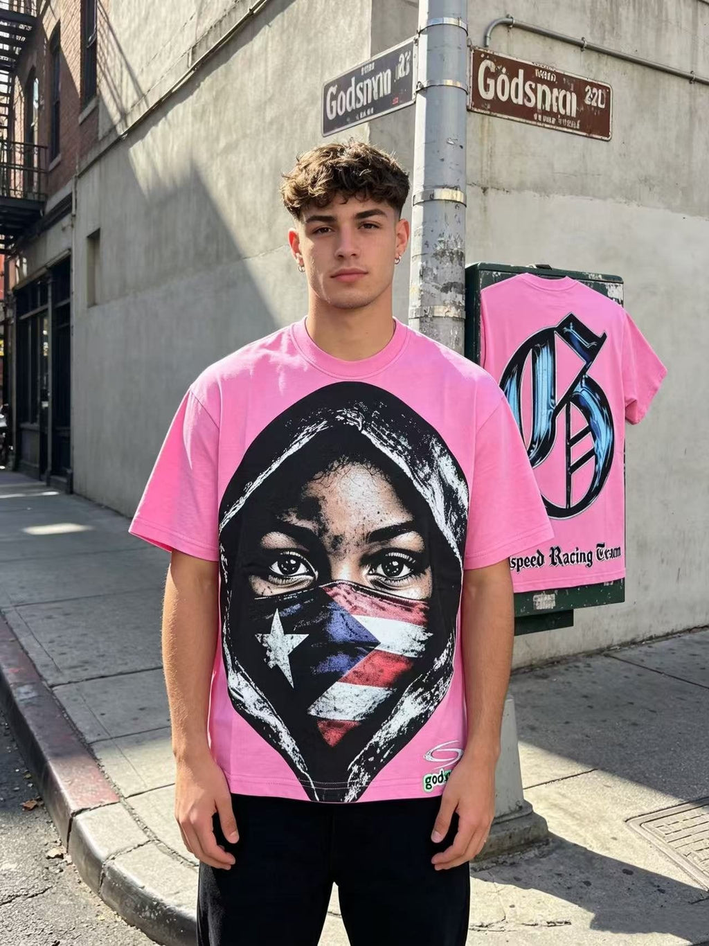 Godspeed Hooded Flag Portrait Graphic T-Shirt — context