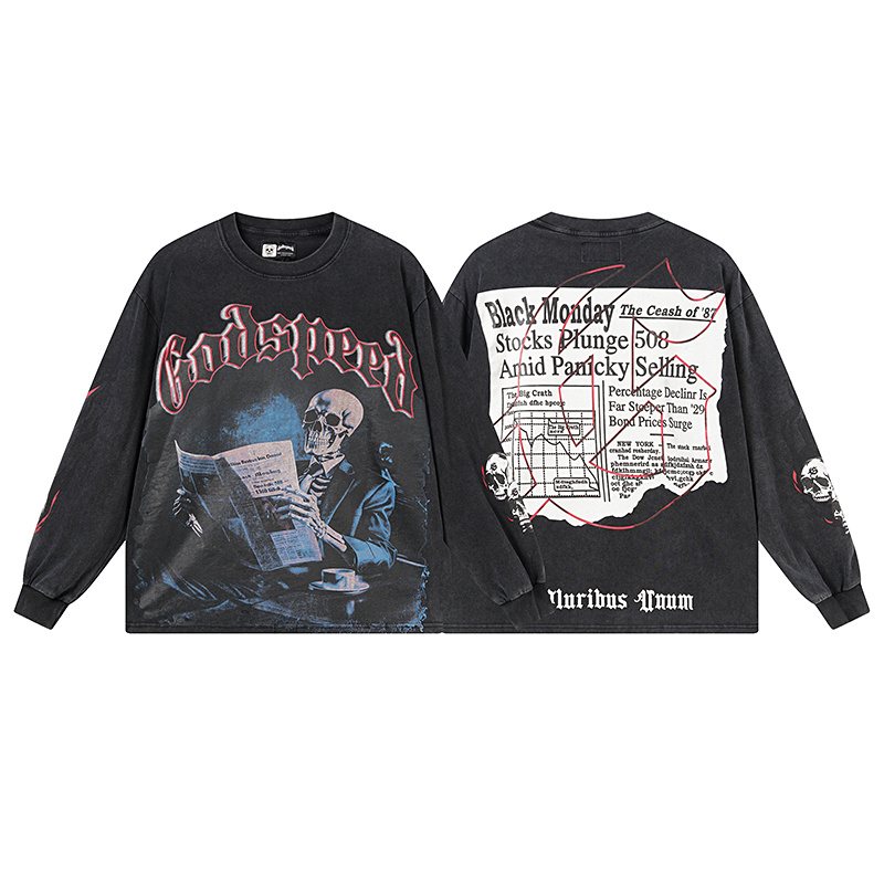 Godspeed Black Monday Skeleton Newspaper Long-Sleeve T-Shirt — hero
