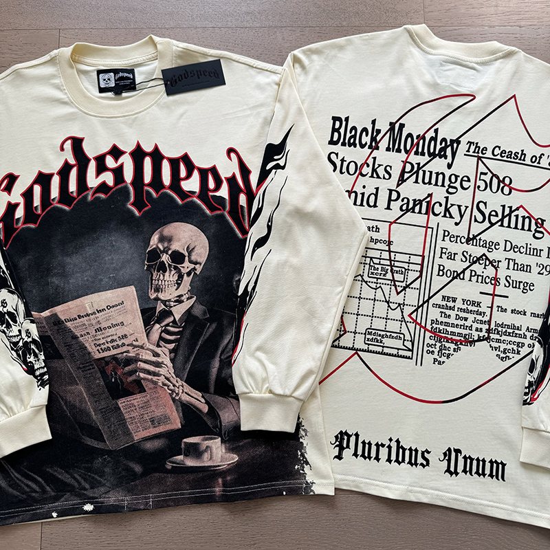 Godspeed Black Monday Skeleton Newspaper Long-Sleeve T-Shirt — comparison