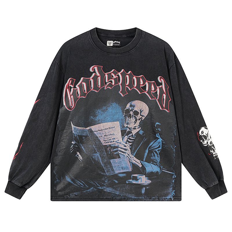 Godspeed Black Monday Skeleton Newspaper Long-Sleeve T-Shirt — front