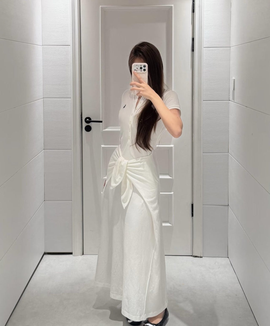Test2-Ralph Lauren White Tie-Waist Polo Dress — model