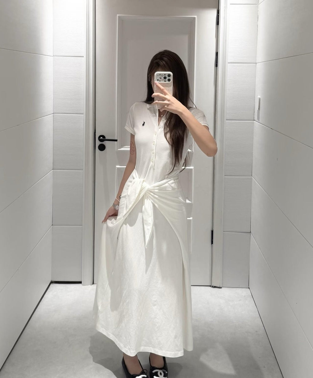 Test2-Ralph Lauren White Tie-Waist Polo Dress — model