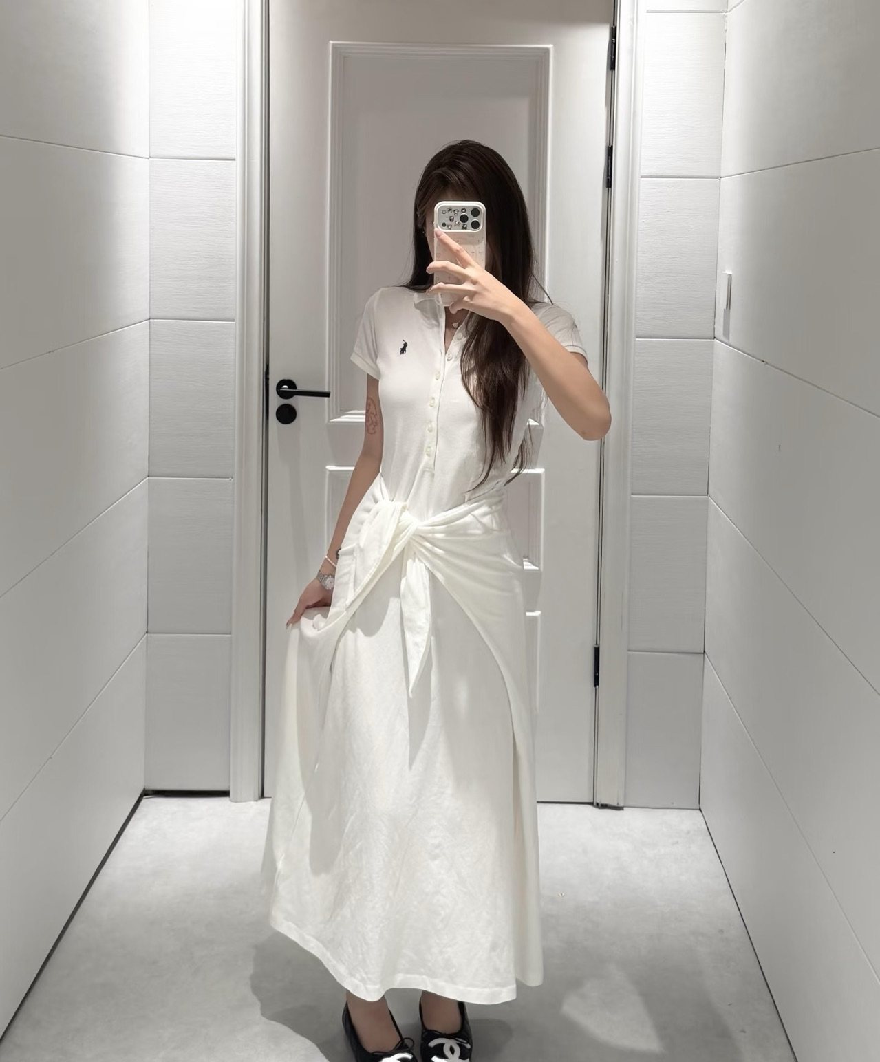 Test2-Ralph Lauren White Tie-Waist Polo Dress — model