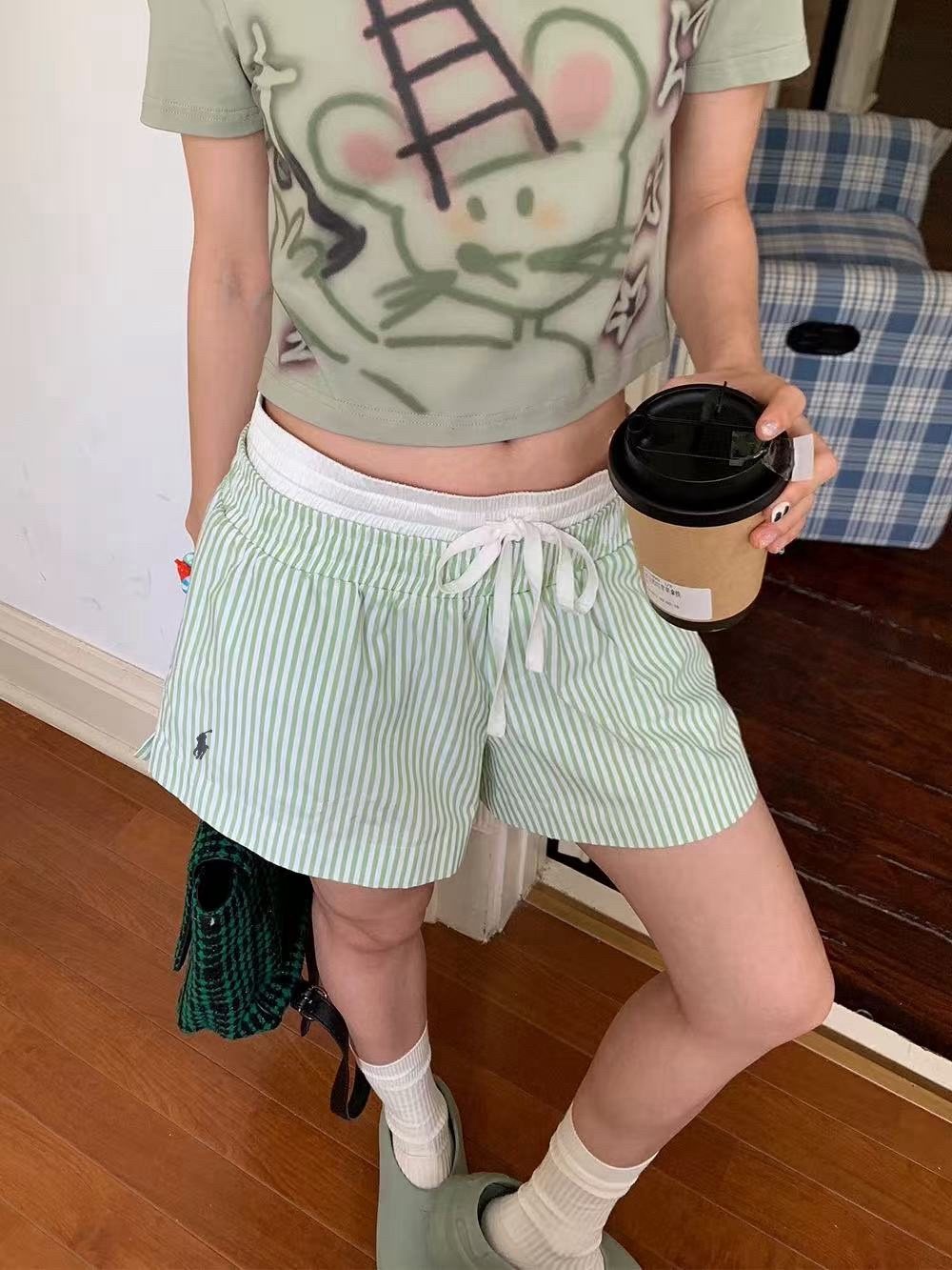 Test2-Ralph Lauren Striped Double-Waist Shorts — front